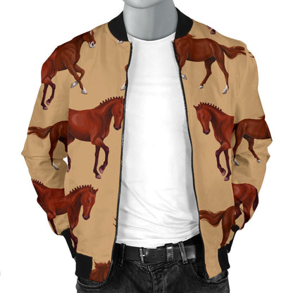 Brown Horse Print Pattern Men Casual Bomber Jacket