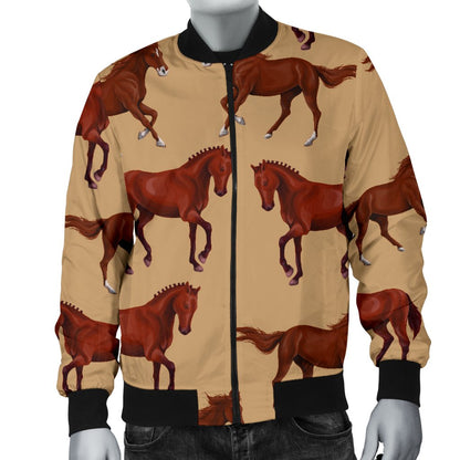 Brown Horse Print Pattern Men Casual Bomber Jacket