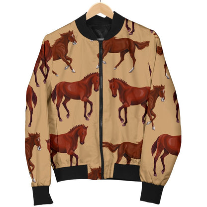 Brown Horse Print Pattern Men Casual Bomber Jacket
