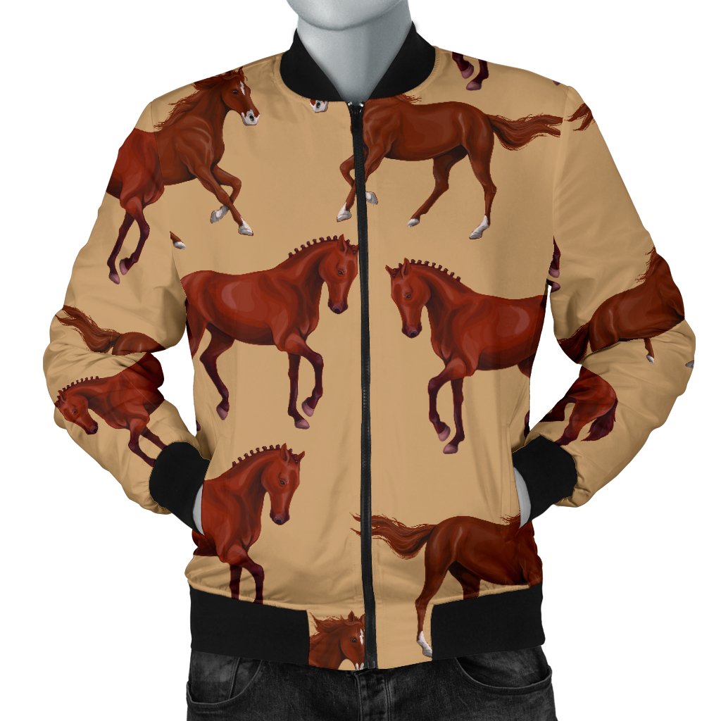 Brown Horse Print Pattern Men Casual Bomber Jacket