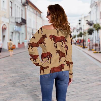 Brown Horse Print Pattern Off Shoulder Sweatshirt