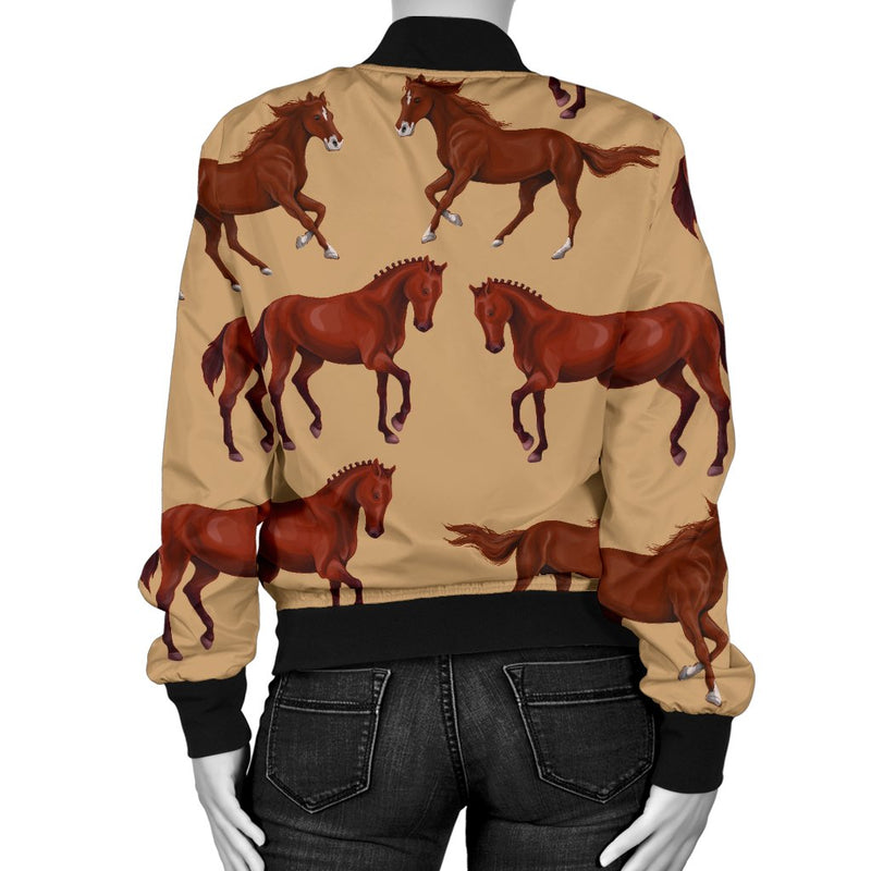 Brown Horse Print Pattern Women Casual Bomber Jacket