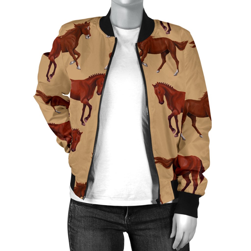 Brown Horse Print Pattern Women Casual Bomber Jacket