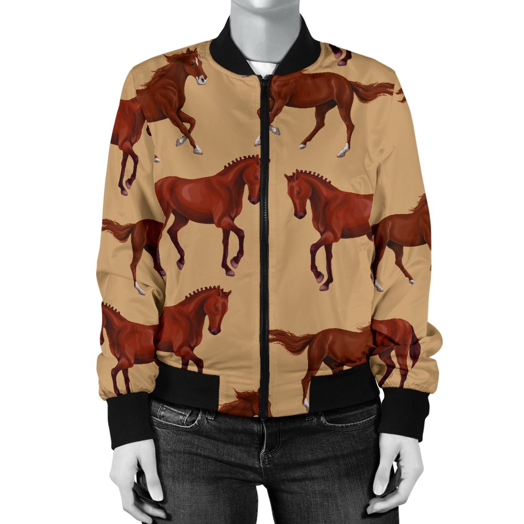 Brown Horse Print Pattern Women Casual Bomber Jacket