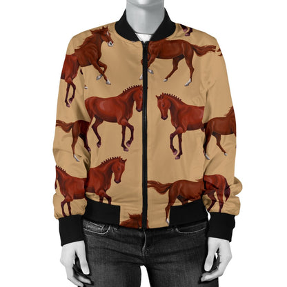 Brown Horse Print Pattern Women Casual Bomber Jacket