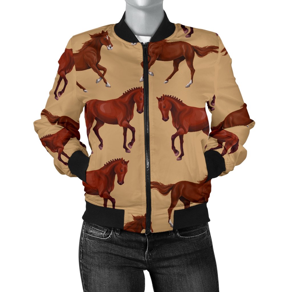 Brown Horse Print Pattern Women Casual Bomber Jacket