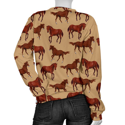 Brown Horse Print Pattern Women Crewneck Sweatshirt
