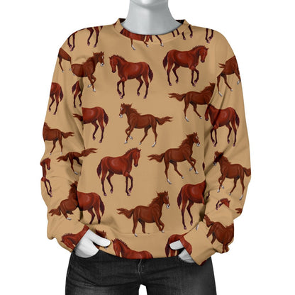 Brown Horse Print Pattern Women Crewneck Sweatshirt