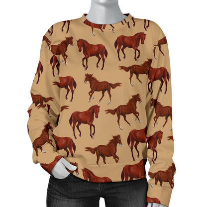 Brown Horse Print Pattern Women Crewneck Sweatshirt