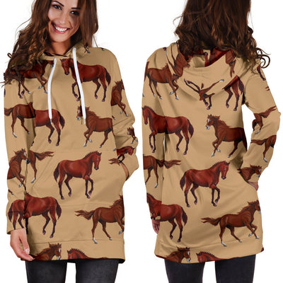 Brown Horse Print Pattern Women Hoodie Dress