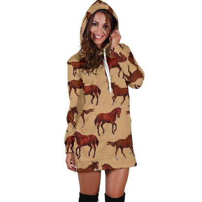 Brown Horse Print Pattern Women Hoodie Dress
