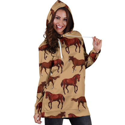 Brown Horse Print Pattern Women Hoodie Dress