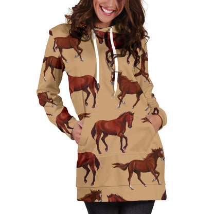 Brown Horse Print Pattern Women Hoodie Dress