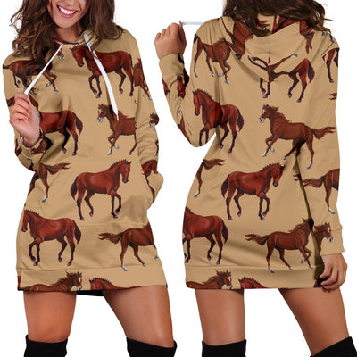 Brown Horse Print Pattern Women Hoodie Dress