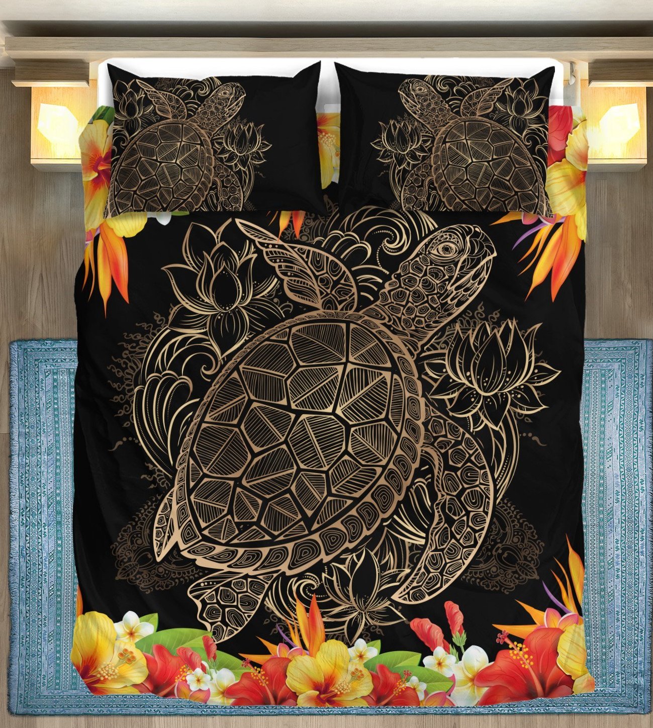 Brown Sea Turtle Hawaiian Flowers Duvet Cover Bedding Set