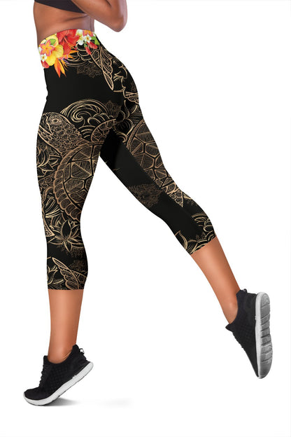 Brown Sea Turtle Hawaiian Flowers Women Capris