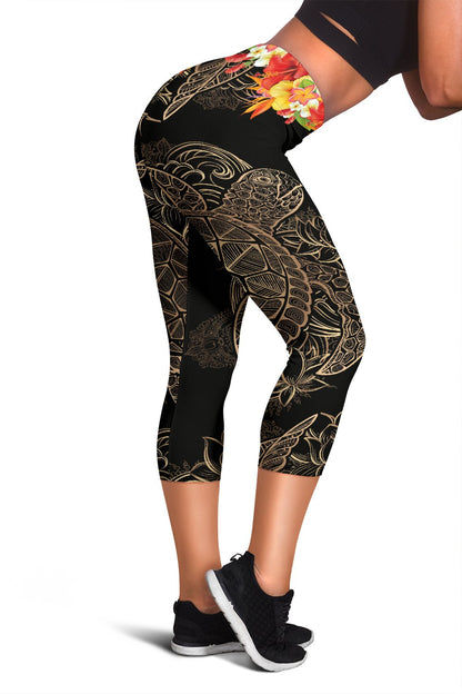 Brown Sea Turtle Hawaiian Flowers Women Capris