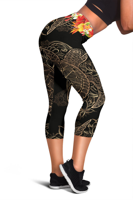 Brown Sea Turtle Hawaiian Flowers Women Capris