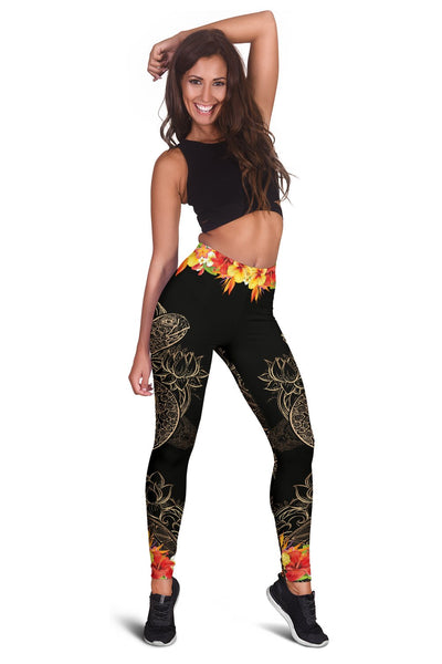 Brown Sea Turtle Hawaiian Flowers Women Leggings