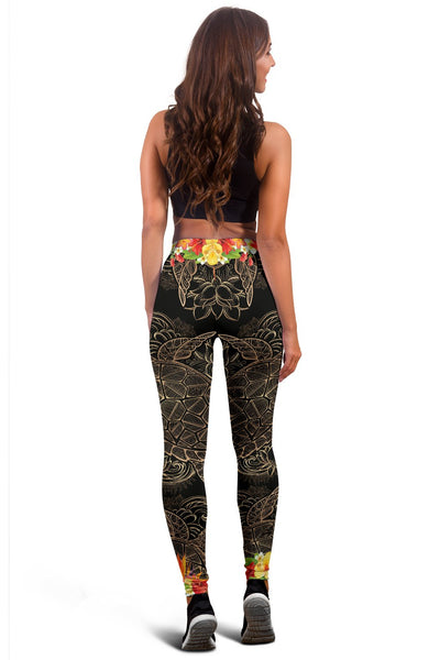 Brown Sea Turtle Hawaiian Flowers Women Leggings