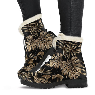 Brown Tropical Palm Leaves Faux Fur Leather Boots