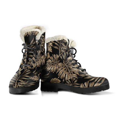 Brown Tropical Palm Leaves Faux Fur Leather Boots