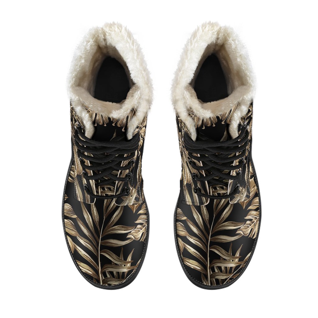Brown Tropical Palm Leaves Faux Fur Leather Boots