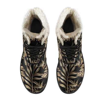 Brown Tropical Palm Leaves Faux Fur Leather Boots
