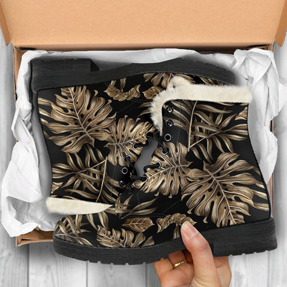Brown Tropical Palm Leaves Faux Fur Leather Boots