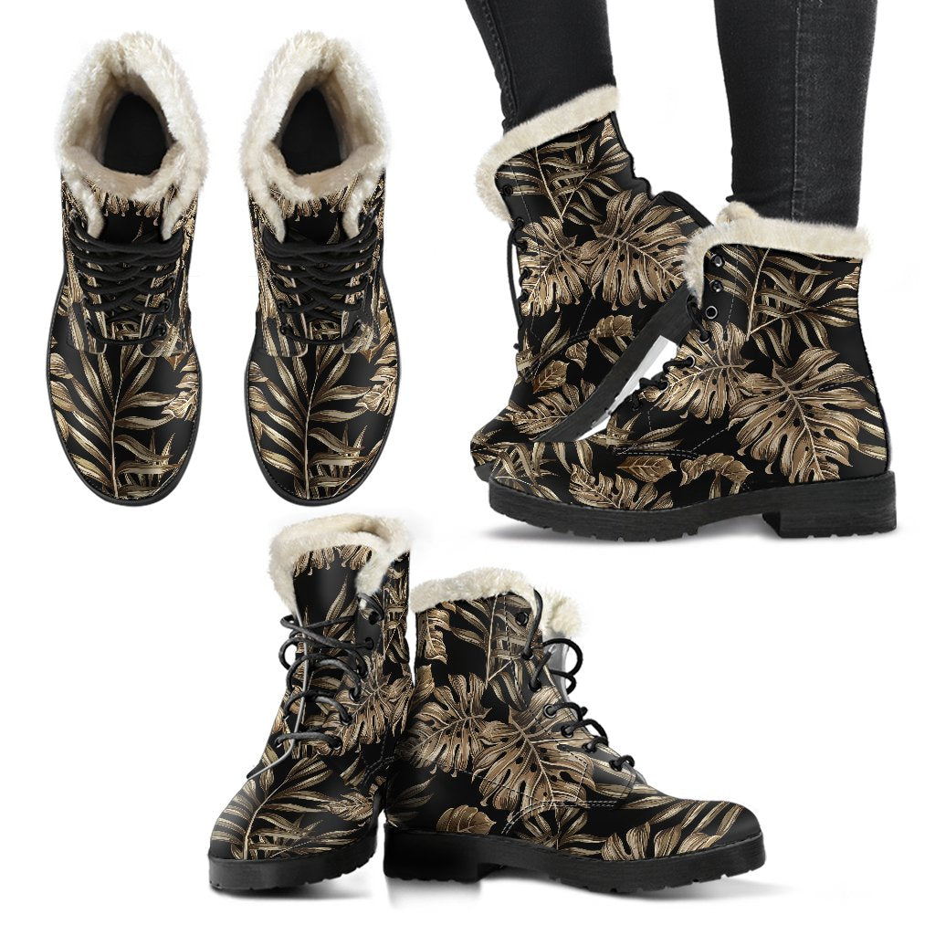 Brown Tropical Palm Leaves Faux Fur Leather Boots