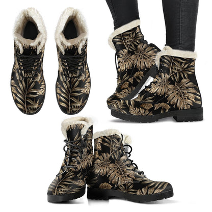 Brown Tropical Palm Leaves Faux Fur Leather Boots