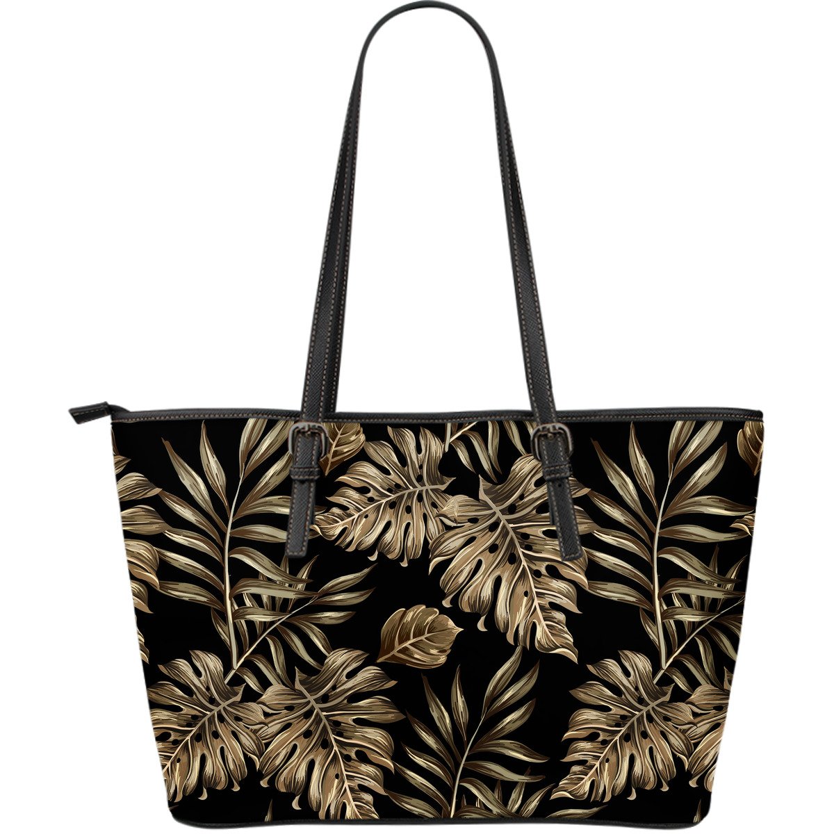 Brown Tropical Palm Leaves Large Leather Tote Bag