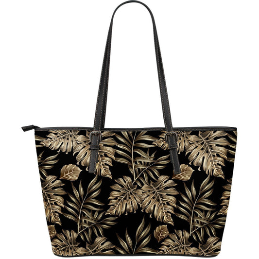 Brown Tropical Palm Leaves Large Leather Tote Bag