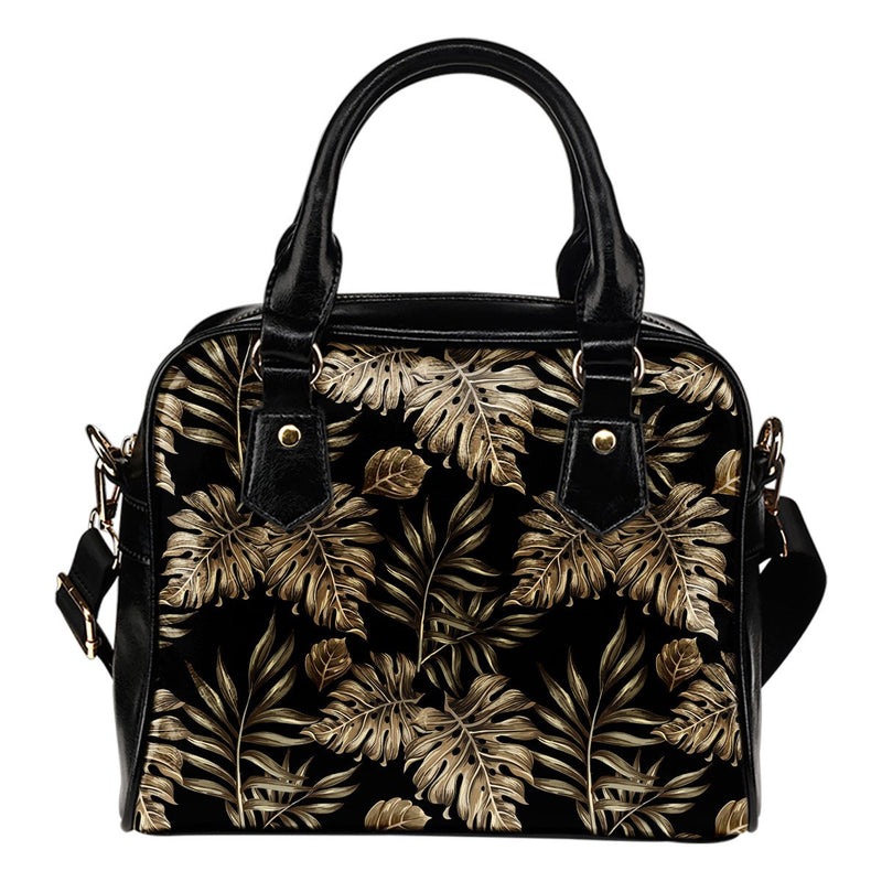 Brown Tropical Palm Leaves Leather Shoulder Handbag