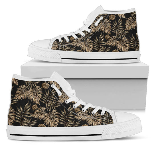 Brown Tropical Palm Leaves Men High Top Canvas Shoes