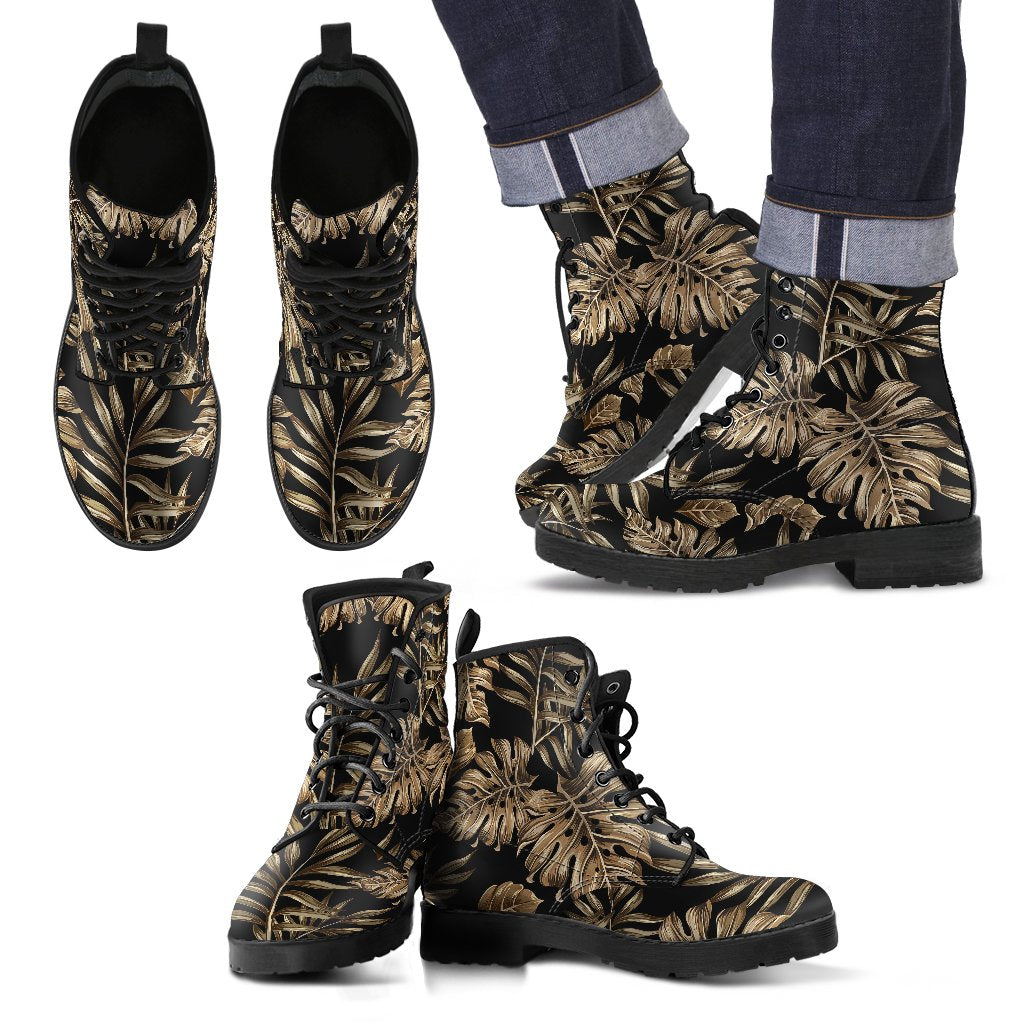 Brown Tropical Palm Leaves Men Leather Boots