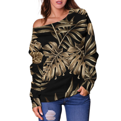 Brown Tropical Palm Leaves Off Shoulder Sweatshirt