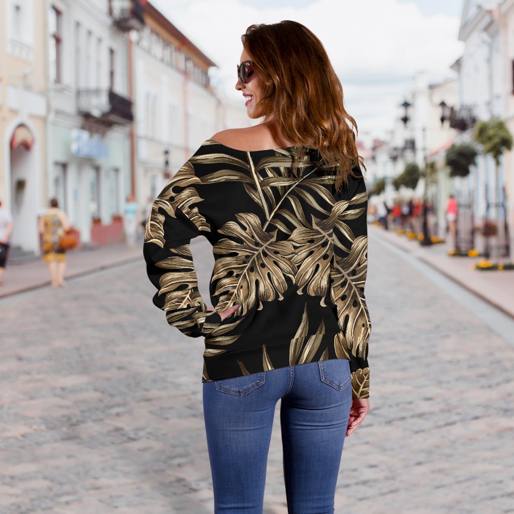 Brown Tropical Palm Leaves Off Shoulder Sweatshirt