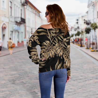 Brown Tropical Palm Leaves Off Shoulder Sweatshirt