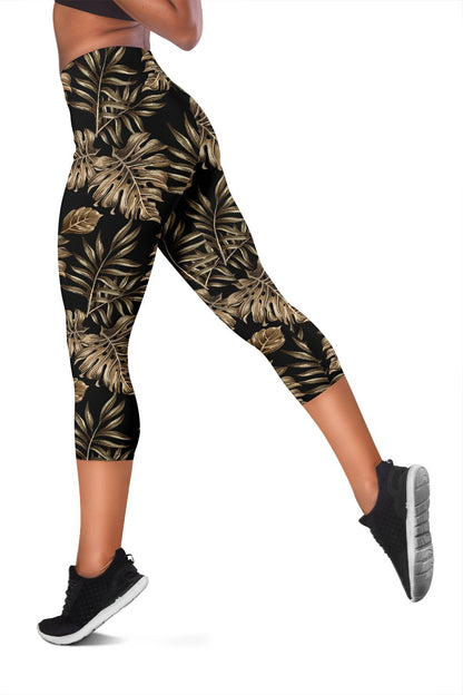Brown Tropical Palm Leaves Women Capris