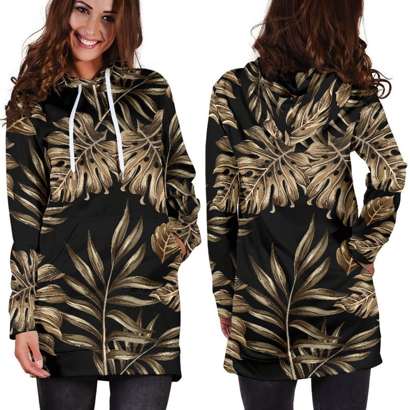 Brown Tropical Palm Leaves Women Hoodie Dress