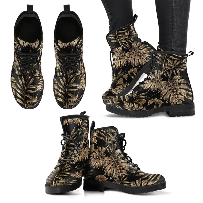 Brown Tropical Palm Leaves Women Leather Boots