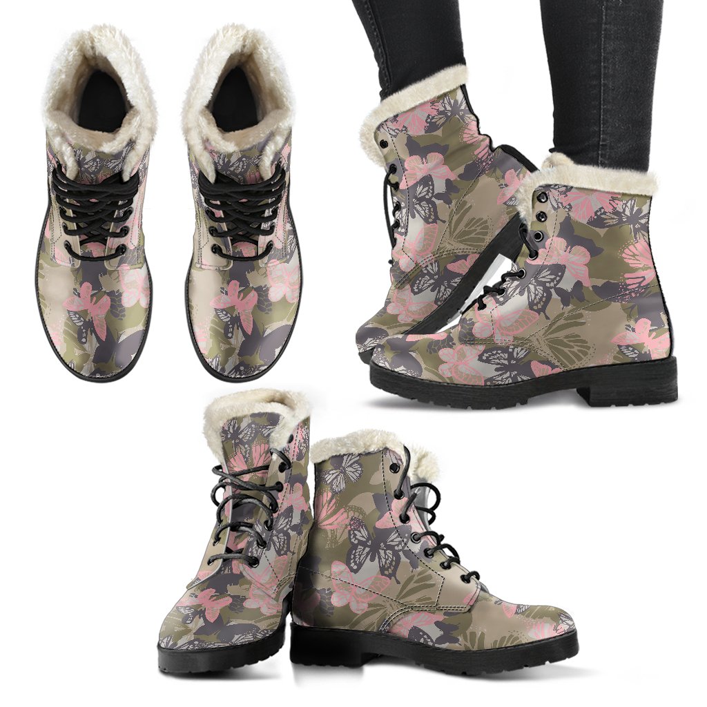 Butterfly camouflage Faux Fur Leather Boots
