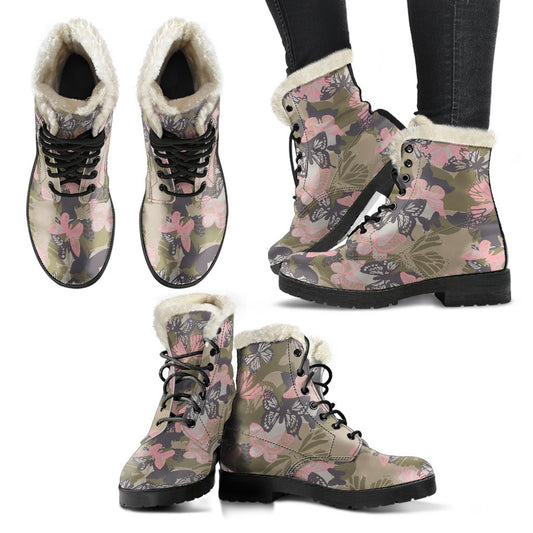 Butterfly camouflage Faux Fur Leather Boots