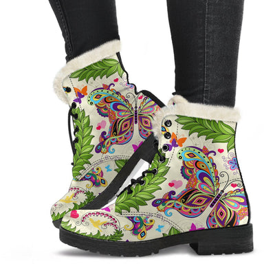 Butterfly Colorful Indian Style Faux Fur Leather Boots