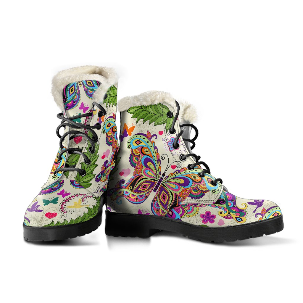 Butterfly Colorful Indian Style Faux Fur Leather Boots