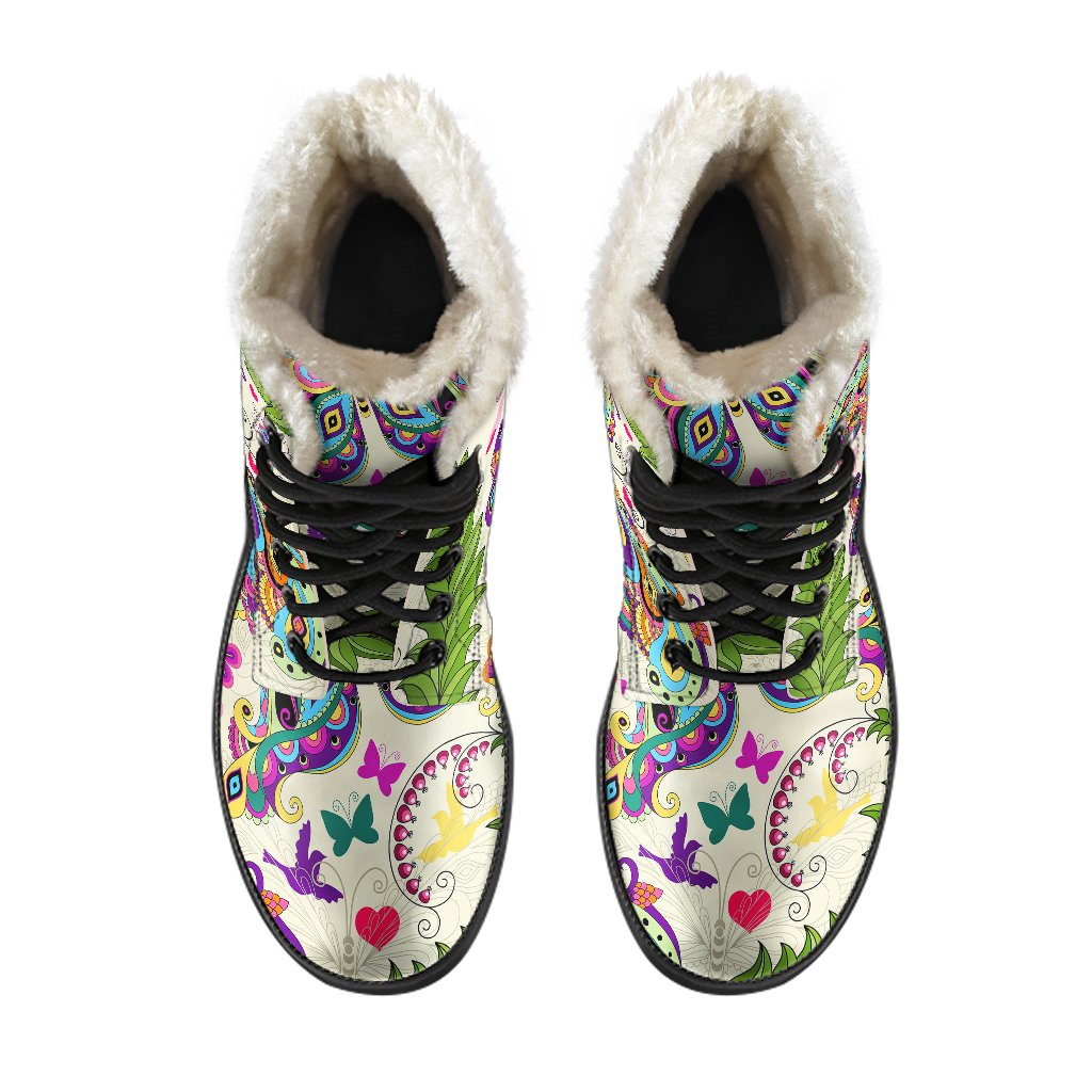 Butterfly Colorful Indian Style Faux Fur Leather Boots