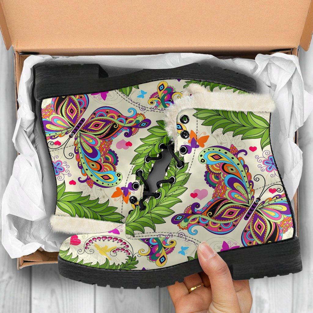 Butterfly Colorful Indian Style Faux Fur Leather Boots