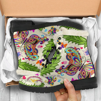 Butterfly Colorful Indian Style Faux Fur Leather Boots
