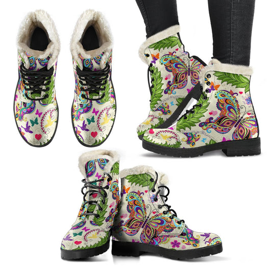 Butterfly Colorful Indian Style Faux Fur Leather Boots